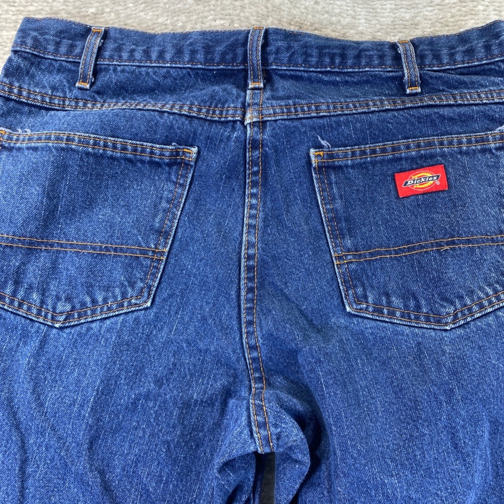 Dickies Mens Straight Leg Blue Denim Workwear Jeans 33x29 Distressed Hem - Picture 10 of 11